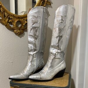 Barelyn-Silver Embossed Knee-High Boots